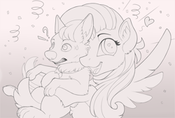 Size: 2150x1445 | Tagged: safe, artist:yakovlev-vad, character:fluttershy, species:dog, species:pegasus, species:pony, g4, bolt, collar, confetti, crossover, disney, female, grayscale, heart, heart eyes, hug, looking at you, mare, monochrome, sketch, smiling, spread wings, sweat, sweatdrop, wingding eyes, wings