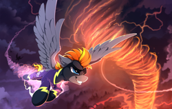 Size: 2400x1520 | Tagged: safe, artist:yakovlev-vad, patreon reward, oc, oc only, oc:blaze (shadowbolt), species:pegasus, species:pony, g4, clothing, commission, costume, fire, flying, lightning, shadowbolts, shadowbolts costume, solo focus, spread wings, tornado, wings