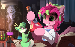 Size: 2400x1515 | Tagged: safe, artist:yakovlev-vad, patreon reward, oc, oc only, oc:gadget, oc:precious metal, species:pegasus, species:pony, g4, book, chemistry, clothing, female, friends, ghost, goggles, grin, lab coat, mare, patreon, potion, safety goggles, smiling