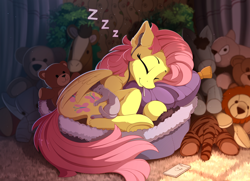 Size: 2400x1742 | Tagged: safe, artist:yakovlev-vad, character:fluttershy, species:pegasus, species:pony, g4, candy, cat, cute, dawwww, earbuds, eyes closed, female, food, hnnng, lollipop, mare, plushie, shyabetes, sleeping, smiling, snuggling, solo, sucker, sweet dreams fuel, weapons-grade cute, yakovlev-vad is trying to murder us, zzz