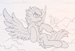 Size: 2150x1455 | Tagged: safe, artist:yakovlev-vad, oc, oc only, species:pegasus, species:pony, g4, canterlot, cloud, male, monochrome, sketch, solo, stallion