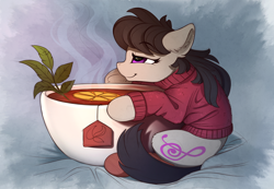 Size: 2100x1455 | Tagged: safe, artist:yakovlev-vad, character:octavia melody, species:earth pony, species:pony, g4, clothing, comfy, cup, female, mare, smiling, solo, sweater, teacup