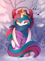 Size: 1668x2220 | Tagged: safe, artist:yakovlev-vad, character:princess celestia, species:alicorn, species:pony, g4, >w<, cheek fluff, clothing, cold, cute, cutelestia, dawwww, earmuffs, eyes closed, female, leg fluff, mare, music, music notes, scarf, smiling, snow, solo, sweater, weapons-grade cute, wing fluff, winter, yakovlev-vad is trying to murder us