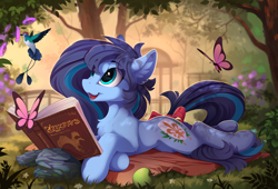 Size: 2350x1595 | Tagged: safe, artist:yakovlev-vad, oc, oc only, species:earth pony, species:pony, g4, book, bow, butterfly, crossed hooves, cute, female, gazebo, grass, mare, open mouth, prone, scenery, smiling, solo, tack, tail bow, tree