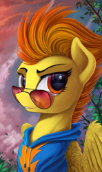 Size: 819x1382 | Tagged: safe, artist:yakovlev-vad, edit, character:spitfire, species:pony, g4, bust, clothing, cropped, female, hoodie, looking at you, mare, smiling, solo, sunglasses