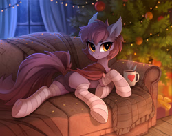 Size: 1600x1261 | Tagged: safe, alternate version, artist:tomatocoup, artist:yakovlev-vad, oc, oc only, oc:ventress, species:bat pony, species:pony, g4, bat pony oc, chocolate, christmas, christmas tree, clothing, collaboration, couch, cute, explicit source, female, food, holiday, hot chocolate, panties, sfw edit, socks, solo, stockings, striped socks, thigh highs, tree, underwear, ych result