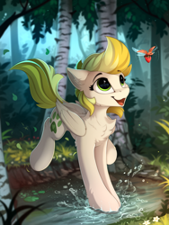 Size: 1800x2399 | Tagged: safe, artist:yakovlev-vad, oc, oc only, oc:dandelion blossom, species:pegasus, species:pony, g4, beetle, berry, birch, chest fluff, female, food, forest, insect, mare, open mouth, river, running, scenery, solo, strawberry, stream