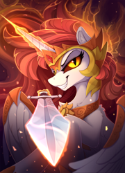 Size: 1750x2425 | Tagged: safe, artist:yakovlev-vad, character:daybreaker, character:princess celestia, species:alicorn, species:pony, g4, armor, colored sclera, crown, evil eyes, evil grin, female, fire, glare, glow, glowing horn, grin, high res, imminent death, impending doom, jewelry, levitation, lidded eyes, looking at you, magic, mare, rearing, regalia, smiling, smirk, solo, spread wings, sword, telekinesis, this will end in death, this will end in pain, this will end in tears and/or death, weapon, wings