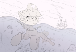 Size: 1810x1228 | Tagged: safe, artist:yakovlev-vad, oc, oc only, species:pony, species:seagull, g4, cloud, dolphin, female, fish, mare, ship, sketch, swimming, underwater, water