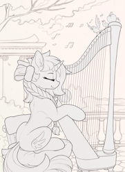 Size: 1820x2520 | Tagged: safe, artist:yakovlev-vad, oc, oc only, species:pony, species:unicorn, g4, bow, braid, eyes closed, female, hair bow, harp, mare, monochrome, musical instrument, sitting, smiling, solo, songbird