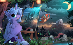 Size: 2310x1410 | Tagged: safe, artist:yakovlev-vad, character:princess luna, species:alicorn, species:pony, g4, castle, cloud, crescent moon, cute, drawing, female, forest, glowing horn, grin, horn, lantern, levitation, looking at you, looking back, looking back at you, lunabetes, magic, mare, moon, mountain, mouth hold, nature, night, painting, paper lantern, plein air, pond, s1 luna, scenery, scenery porn, sitting, sky, smiling, solo, squee, still life, telekinesis, tree, water, wings