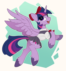 Size: 2100x2265 | Tagged: safe, artist:yakovlev-vad, character:twilight sparkle, character:twilight sparkle (alicorn), species:alicorn, species:pony, g4, abstract background, art, bow, clothing, colored hooves, cute, ear fluff, female, flying, hair bow, leg fluff, looking at you, mare, moe, open mouth, pleated skirt, plot, school uniform, short skirt, skirt, skirt lift, solo, spread wings, twiabetes, unshorn fetlocks, wings