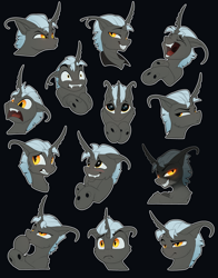 Size: 1840x2350 | Tagged: safe, artist:yakovlev-vad, oc, oc only, species:changeling, species:pony, g4, angry, blushing, changeling oc, expressions, facial expressions, male, open mouth, slit eyes, smiling, smug, solo, thinking