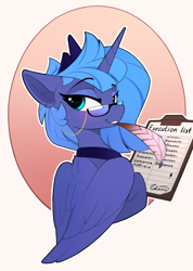 Size: 1560x2185 | Tagged: safe, artist:yakovlev-vad, character:princess luna, species:alicorn, species:pony, g4, abstract background, blushing, clipboard, cute, equation, female, glasses, hit list, looking at you, looking back, looking over shoulder, lunabetes, mare, math, mouth hold, quill, quill pen, raised eyebrow, s1 luna, simple background, solo, this will end in death