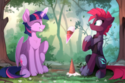 Size: 2200x1465 | Tagged: safe, artist:yakovlev-vad, character:fizzlepop berrytwist, character:tempest shadow, character:twilight sparkle, character:twilight sparkle (alicorn), species:alicorn, species:pony, species:unicorn, g4, my little pony: the movie (2017), broken horn, chest fluff, cute, dawwww, dropped ice cream, duo, female, food, forest, friendship, glowing horn, grin, ice cream, ice cream cone, magic, mare, sharing, smiling, telekinesis, tempestbetes, tree, twiabetes, wallpaper