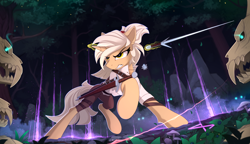 Size: 2500x1442 | Tagged: safe, artist:yakovlev-vad, oc, oc only, species:pony, species:unicorn, g4, adventurer, clothing, fantasy class, female, fight, fighting stance, forest, glowing horn, gritted teeth, magic, magic aura, mare, mushroom, raised hoof, raised leg, rogue, skull, sword, telekinesis, the witcher, the witcher 3, three quarter view, warrior, weapon
