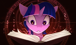 Size: 2100x1250 | Tagged: safe, artist:yakovlev-vad, character:twilight sparkle, character:twilight sparkle (unicorn), species:pony, species:unicorn, g4, art, book, eye clipping through hair, female, fire, flame eyes, magic, magic circle, mare, open book, red lightning, solo, this will not end well, wingding eyes