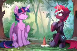 Size: 910x607 | Tagged: safe, artist:yakovlev-vad, edit, editor:gutovi, character:fizzlepop berrytwist, character:tempest shadow, character:twilight sparkle, character:twilight sparkle (alicorn), species:alicorn, species:pony, species:unicorn, g4, my little pony: the movie (2017), art, broken horn, chest fluff, cute, dawwww, dropped ice cream, duo, female, food, forest, glowing horn, grin, ice cream, ice cream cone, ice cream horn, magic, mare, smiling, sweet dreams fuel, telekinesis, tempest gets her horn back, tempestbetes, tree, twiabetes