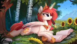 Size: 2310x1315 | Tagged: safe, artist:yakovlev-vad, character:princess celestia, species:alicorn, species:pony, g4, alternate hair color, book, bookmark, cheek fluff, chest fluff, clothing, crown, cute, cutelestia, cutie mark, female, flower, fluffy, food, forest, fudgesicle, grass, hoof shoes, ice cream, jewelry, leg fluff, levitation, licking, lidded eyes, looking sideways, magic, mare, mlem, mountain, nature, necklace, outdoors, peytral, pink-mane celestia, prone, regalia, scenery, shoes, shoulder fluff, silly, smiling, solo, spread wings, summer, sunflower, telekinesis, tiara, tongue out, tree, wing fluff, wings