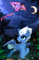 Size: 1550x2375 | Tagged: safe, artist:yakovlev-vad, patreon reward, character:night glider, species:pegasus, species:pony, g4, crescent moon, cute, female, glideabetes, kite, mare, moon, night, patreon, scenery, smiling, solo, that pony sure does love the night and gliding, tree