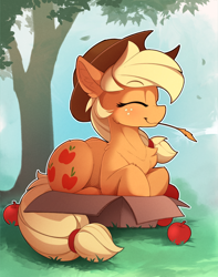 Size: 1520x1925 | Tagged: safe, artist:yakovlev-vad, character:applejack, species:earth pony, species:pony, g4, apple, applecat, behaving like a cat, box, chest fluff, clothing, cowboy hat, cute, daaaaaaaaaaaw, eyes closed, female, food, hat, if i fits i sits, jackabetes, mare, pony in a box, ponyloaf, prone, solo, straw in mouth, tree, yakovlev-vad is trying to murder us
