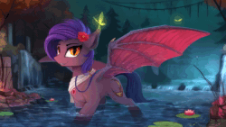 Size: 1920x1080 | Tagged: safe, artist:imiokun, artist:yakovlev-vad, oc, oc only, species:bat pony, species:pony, g4, animated, beautiful, blinking, butterfly, cinemagraph, collaboration, flower, flower in hair, no sound, scenery, scenery porn, solo, spread wings, water, webm, wings