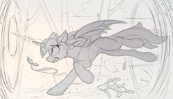 Size: 2000x1153 | Tagged: safe, artist:yakovlev-vad, character:twilight sparkle, character:twilight sparkle (alicorn), species:alicorn, species:pony, species:rabbit, g4, comb, female, late, magic, mare, monochrome, paper, pocket watch, portal, sketch, solo