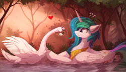Size: 2200x1257 | Tagged: safe, artist:yakovlev-vad, character:princess celestia, species:alicorn, species:pony, g4, cheek fluff, chest fluff, confused, crown, cute, cutelestia, daisy (flower), do not want, duo, ear fluff, exclamation point, eye clipping through hair, female, floppy ears, flower, flower in mouth, fluffy, forest, frown, grin, heart, interrobang, lidded eyes, looking at each other, mare, meme, missing accessory, mouth hold, nope, otp, peytral, pushing, question mark, regalia, scenery, shoulder fluff, smiling, smirk, surprised, swan, swanlestia, swimming, varying degrees of want, water, wet, wide eyes, wing fluff