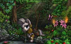 Size: 2300x1438 | Tagged: safe, artist:yakovlev-vad, character:zecora, species:zebra, g4, beautiful, bottle, butterfly, cute, ear piercing, earring, everfree forest, featured on derpibooru, female, flower, forest, jewelry, looking at you, mouth hold, piercing, prone, scenery, scenery porn, solo, zecorable