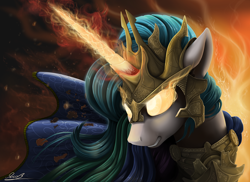 Size: 2200x1600 | Tagged: safe, artist:yakovlev-vad, character:princess celestia, species:alicorn, species:pony, g4, angry, armor, badass, epic, female, fire, glare, glowing eyes, glowing horn, gritted teeth, magic, mare, rage, ragelestia, solo, this will end in fire, warrior, warrior celestia