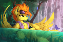 Size: 2300x1542 | Tagged: safe, artist:yakovlev-vad, character:spitfire, species:crab, species:pegasus, species:pony, g4, bracelet, butterfly, chest fluff, cutefire, ear fluff, earbuds, female, fluffy, gritted teeth, human shoulders, humanoid torso, jewelry, leg fluff, lidded eyes, mare, music notes, nature, necklace, on back, raised hoof, relaxing, scenery, semi-anthro, sitting, smiling, solo, sunglasses, towel, tree, underhoof, water, wing fluff