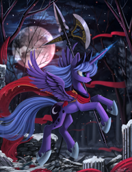 Size: 2104x2720 | Tagged: safe, artist:php58, artist:yakovlev-vad, character:princess luna, species:alicorn, species:pony, g4, badass, clothing, collaboration, female, glowing horn, halberd, magic, mare, moon, night, s1 luna, scarf, smiling, snow, snowfall, solo, warrior luna, weapon