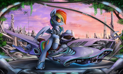 Size: 2500x1498 | Tagged: safe, artist:yakovlev-vad, character:rainbow dash, species:pegasus, species:pony, g4, badass, clothing, epic, female, future, futuristic, glasses, hoverbike, mare, science fiction, smiling, solo