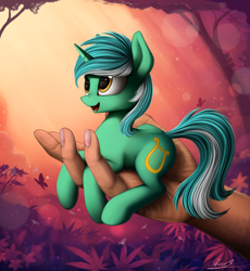 Size: 1700x1848 | Tagged: safe, artist:yakovlev-vad, character:lyra heartstrings, species:human, species:pony, g4, cute, disembodied hand, female, hand, holding a pony, in goliath's palm, it's dangerous to go alone, lyrabetes, mare, micro, open mouth, prone, signature, smiling, three quarter view, tiny ponies