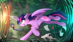 Size: 2400x1384 | Tagged: safe, artist:yakovlev-vad, character:twilight sparkle, character:twilight sparkle (alicorn), species:alicorn, species:pony, species:rabbit, g4, alice in wonderland, comb, female, glowing horn, gotta go fast, magic, mare, now you're thinking with portals, paper, portal, running, solo, sweat, sweatdrop, watch