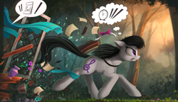 Size: 2485x1435 | Tagged: safe, artist:yakovlev-vad, character:octavia melody, species:earth pony, species:pony, g4, calendar, clock, comb, exclamation point, female, floppy ears, fluffy, late, mare, paper, running, saddle bag, solo, thought bubble