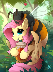 Size: 1700x2300 | Tagged: safe, artist:yakovlev-vad, character:fluttershy, species:pegasus, species:pony, g4, adoracreepy, creepy, cute, female, food, giant insect, heart, honey, hornet, hug, insect, jar, mare, nervous, nightmare fuel, raised eyebrow, shyabetes, solo, trembling, wasp