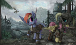 Size: 2500x1500 | Tagged: safe, alternate version, artist:yakovlev-vad, character:fluttershy, character:rainbow dash, species:dragon, species:pegasus, species:pony, g4, armor, castle, crossover, dovahshy, duo, duo female, female, helmet, mare, mountain, saddle bag, scenery, skyrim, sword, the elder scrolls, tree, weapon