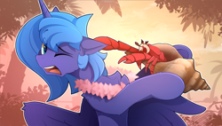 Size: 2100x1191 | Tagged: safe, artist:yakovlev-vad, character:princess luna, species:alicorn, species:crab, species:pony, g4, adorable distress, bubble, conch, cute, facial hair, female, flower, flower necklace, hermit crab, lei, lunabetes, mare, moustache, one eye closed, open mouth, pinch, pipe, s1 luna, solo, tree
