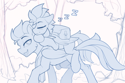Size: 2100x1404 | Tagged: safe, artist:yakovlev-vad, patreon reward, oc, oc only, species:pegasus, species:pony, g4, carrying, digital art, duo, eyes closed, female, male, mare, patreon, saddle bag, sketch, sleeping, smiling, stallion, walking, zzz