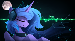 Size: 2150x1175 | Tagged: safe, artist:yakovlev-vad, character:princess luna, species:alicorn, species:pony, g4, constellation, eyes closed, female, headphones, listening, mare, moon, smiling, solo, wallpaper