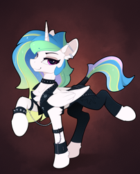 Size: 1600x1977 | Tagged: safe, artist:yakovlev-vad, character:princess celestia, species:alicorn, species:pony, g4, alternate hairstyle, chest fluff, choker, clothing, collar, female, goth, jacket, leather jacket, looking at you, mare, metalestia, raised hoof, see-through, smiling, solo, spiked choker, spiked collar, spiked wristband, tail wrap, wristband