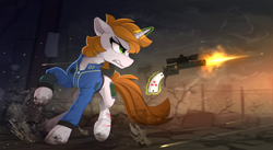 Size: 2350x1290 | Tagged: safe, artist:yakovlev-vad, oc, oc only, oc:littlepip, species:pony, species:unicorn, fallout equestria, g4, bandage, blood, clothing, cloud, cloudy, cutie mark, dead tree, fanfic, fanfic art, female, floppy ears, glowing horn, gun, handgun, hooves, horn, levitation, little macintosh, magic, mare, optical sight, pipbuck, revolver, shooting, sidemouth, solo, teeth, telekinesis, tree, vault suit, wasteland, weapon