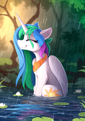 Size: 1615x2300 | Tagged: safe, artist:yakovlev-vad, character:princess celestia, species:alicorn, species:pony, g4, basking in the rain, bath, bathing, chest fluff, cute, cutelestia, ear fluff, eye clipping through hair, eyelashes, eyes closed, female, forest, happy, heart, horn, lily pad, mare, missing accessory, outdoors, peytral, pond, rain, scenery, sitting, smiling, solo, water, water lily, wet, wet mane, wings
