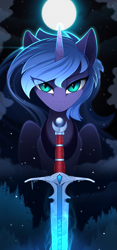 Size: 1125x2410 | Tagged: safe, artist:yakovlev-vad, character:princess luna, species:alicorn, species:pony, art pack:equestrian royalty, g4, female, frown, glare, ice, lidded eyes, looking at you, mare, moon, night, nightmare luna, s1 luna, sitting, sky, slit eyes, snow, solo, stars, sword, warrior luna, weapon