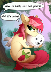 Size: 1500x2120 | Tagged: safe, artist:yakovlev-vad, character:roseluck, species:earth pony, species:pony, g4, :3, animal, big cutie mark, cut, cute, dialogue, ear fluff, female, floppy ears, fluffy, frown, glare, hug, leg fluff, looking back, mare, offscreen character, plushie, pouting, seal, shoulder fluff, sitting, solo, solo focus, speech bubble, stealing