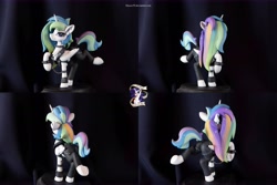 Size: 11136x7424 | Tagged: safe, artist:shuxer59, artist:yakovlev-vad, character:princess celestia, species:alicorn, species:pony, g4, absurd resolution, alternate hairstyle, chest fluff, choker, clothing, collar, craft, female, figure, figurine, irl, jacket, leather jacket, looking at you, mare, metalestia, photo, polymer clay, raised hoof, sculpture, smiling, solo, spiked choker, spiked collar, spiked wristband, tail wrap, wristband