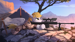 Size: 2500x1405 | Tagged: safe, artist:yakovlev-vad, oc, oc only, species:pegasus, species:pony, g4, camping, gun, male, prone, rifle, sniper rifle, solo, stallion, weapon, who needs trigger fingers