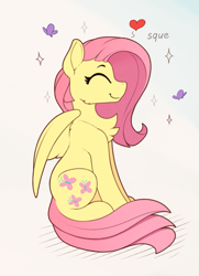 Size: 895x1235 | Tagged: safe, artist:yakovlev-vad, character:fluttershy, species:pegasus, species:pony, g4, behaving like a cat, chest fluff, cute, eyes closed, female, heart, mare, profile, shyabetes, simple background, smiling, solo, squee, tongue out