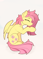 Size: 895x1235 | Tagged: safe, artist:yakovlev-vad, character:fluttershy, species:pegasus, species:pony, g4, behaving like a cat, chest fluff, cute, eyes closed, female, grooming, licking, mare, profile, shyabetes, simple background, smiling, solo, tongue out